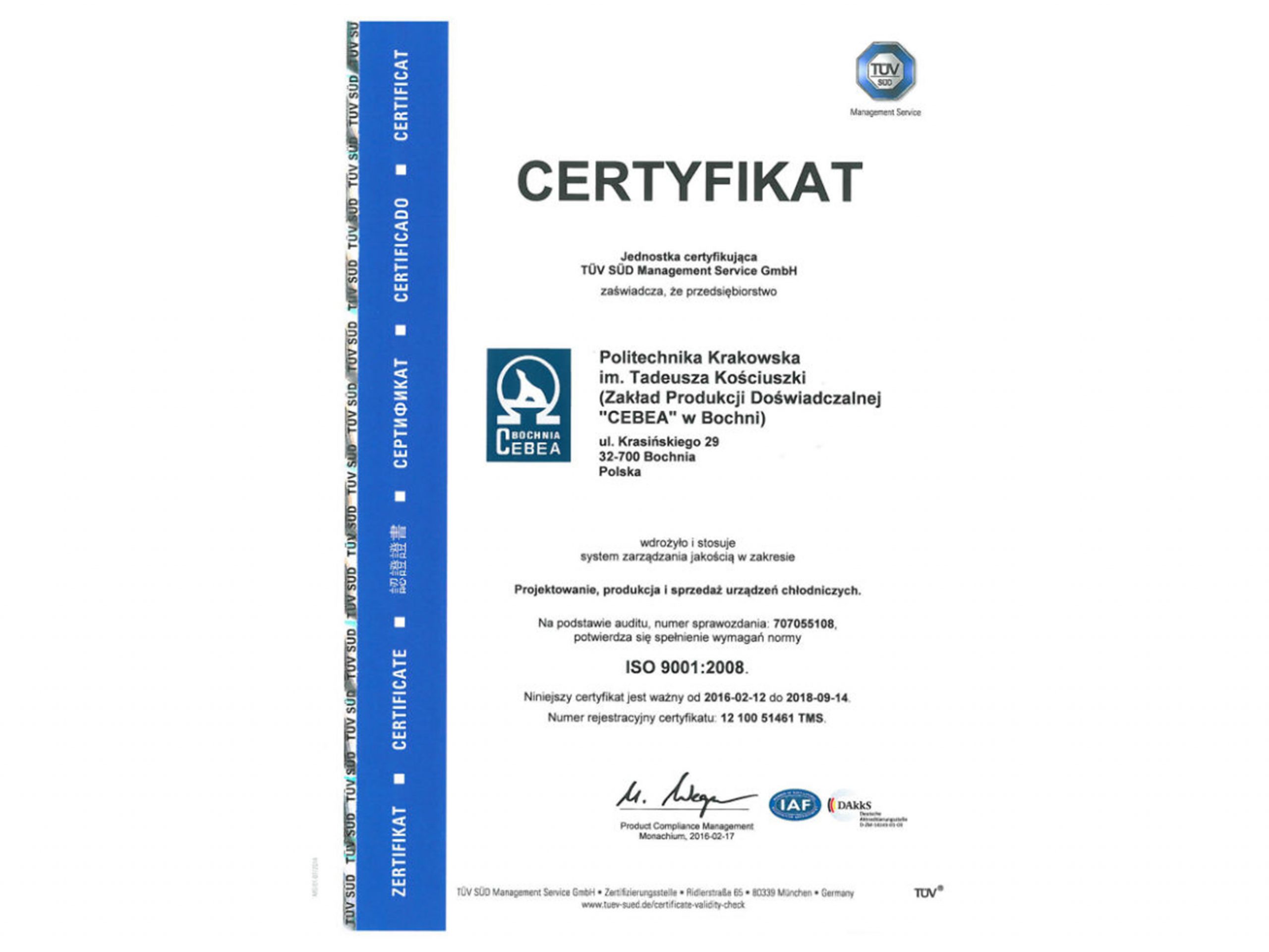 Certyfikat jakości ISO 9001:2008